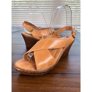 Born Leather Womens Ashley Wedge Sandals in Tan Size 8M